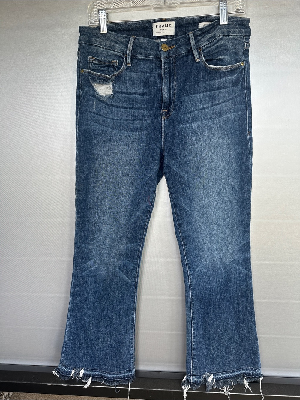 FRAME Le Crop Mini Boot Size 29 Flare Jeans Distressed Zip Fly Button Pockets